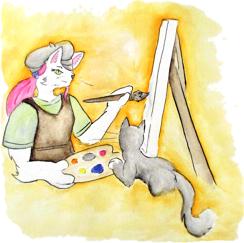Furry in a beret, painting with a cat looking over