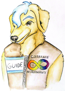 Furry, a dog fursona, wearing a Guide badge in a vest that says "celebrate neurodiversity." with a rainbow colored infinity symbol. 